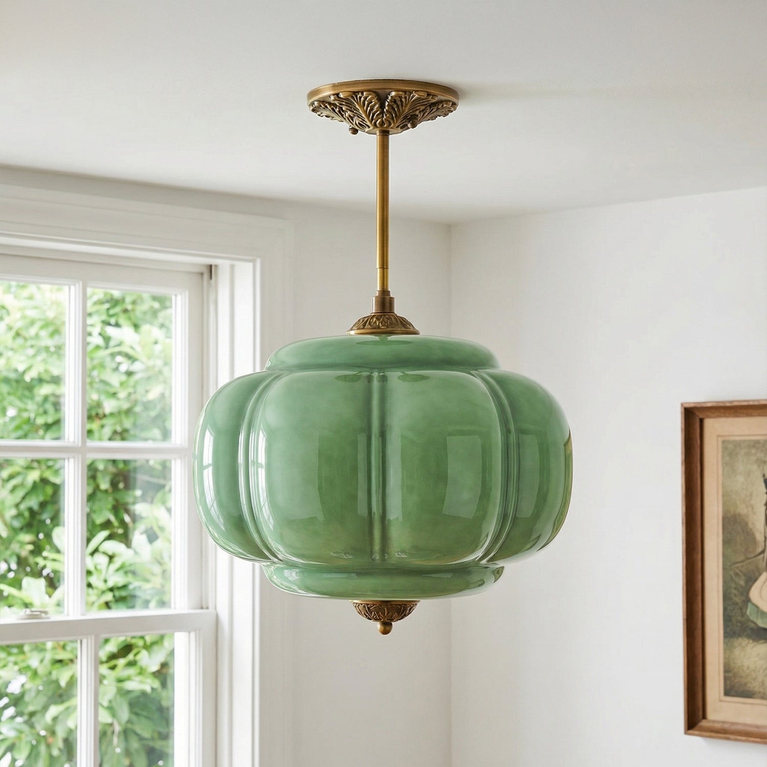 Pumpkin Glass Pendant Light Adjustable Brass