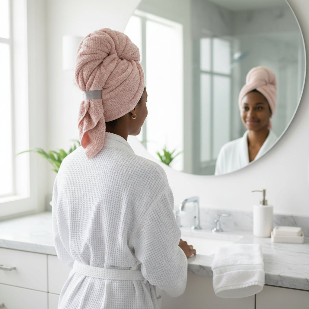 Coral Velvet Hair Towel Wrap 23.6 x 39.4 In | Quick-Dry Microfiber | Khaki, Blue, Pink & Gray | Frizz-Reducing Button Closure