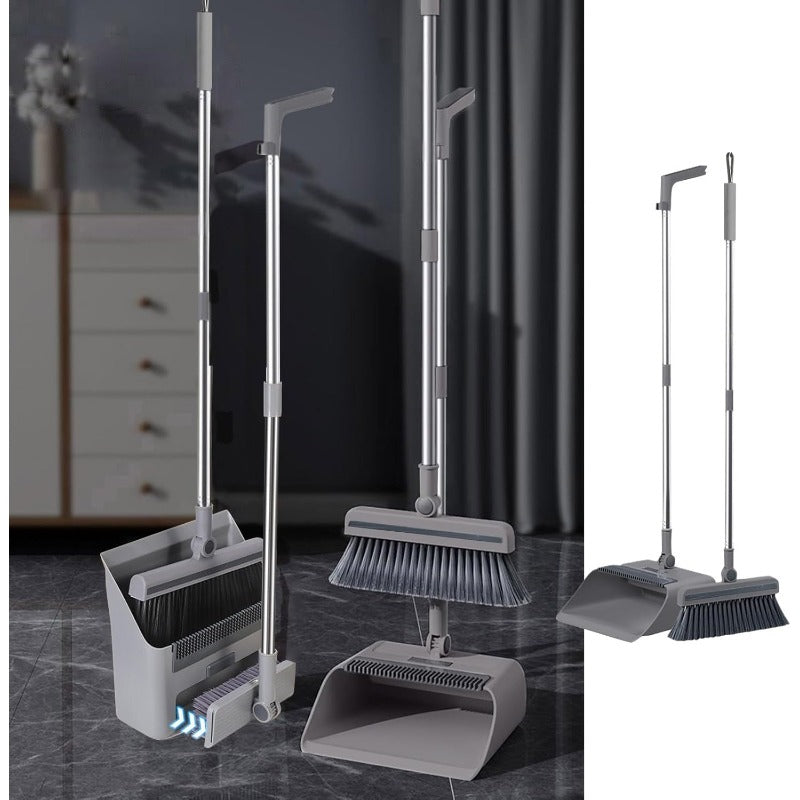 Long Handle Broom, Dustpan and Brush Set | Dense PVC Bristles, Grey or White | Upright Storage for Easy Cleaning
