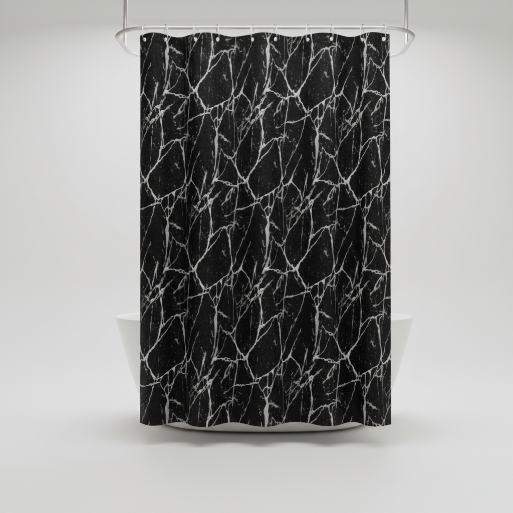 Waterproof Shower Curtain in Black Marble Print PEVA | Wipe-Clean Surface with Hooks Included | 4 Sizes