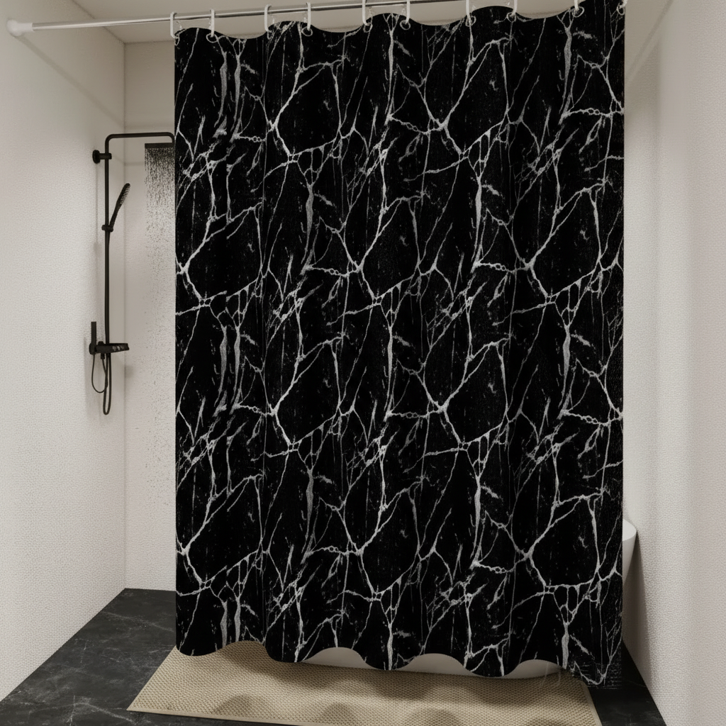 Waterproof Shower Curtain in Black Marble Print PEVA | Wipe-Clean Surface with Hooks Included | 4 Sizes