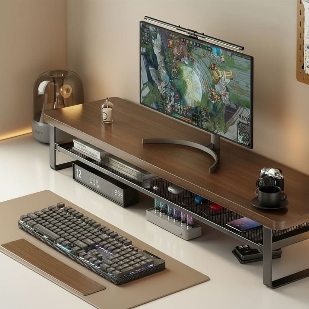 Dual-Layer Monitor Stand With Pull-Out Storage Drawer | 3 Widths 19.7-39.4 In | MDF & Metal, Holds Up to 33 Lbs