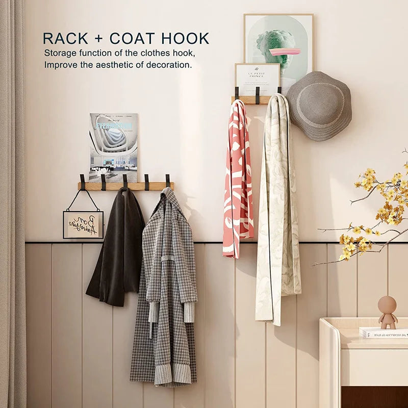 Nordic Coat Racks for Wall with 5 Movable Double Hooks | Rubberwood and Aluminum Hallway Rail | 40 cm Wide in Black