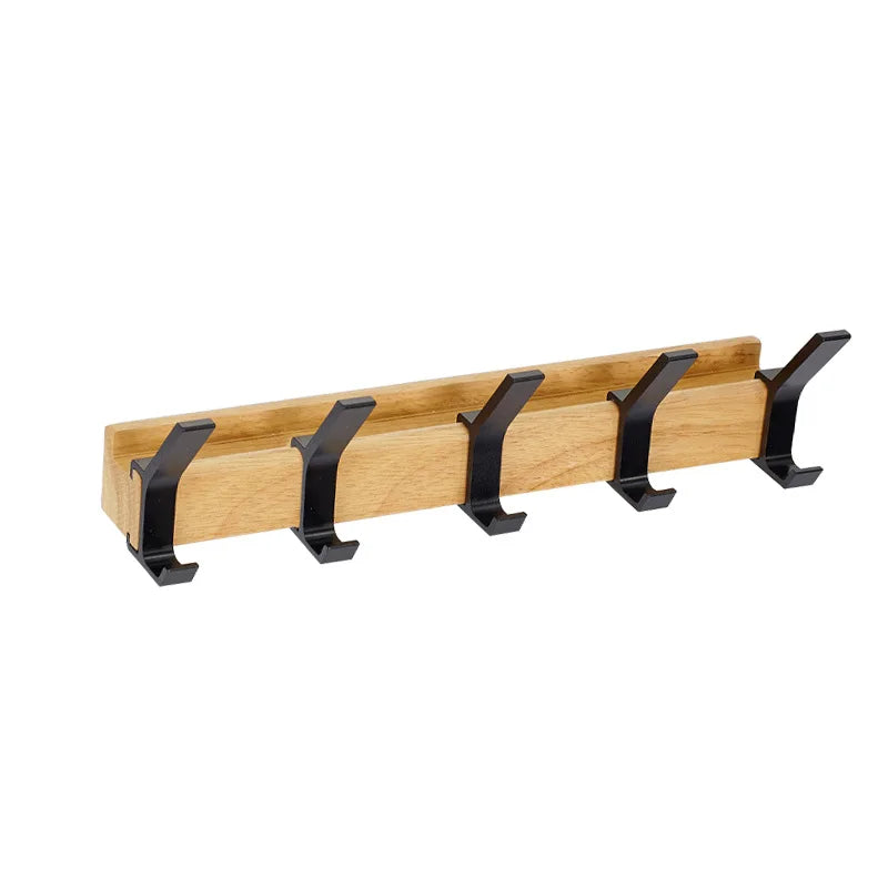 Nordic Coat Racks for Wall with 5 Movable Double Hooks | Rubberwood and Aluminum Hallway Rail | 40 cm Wide in Black
