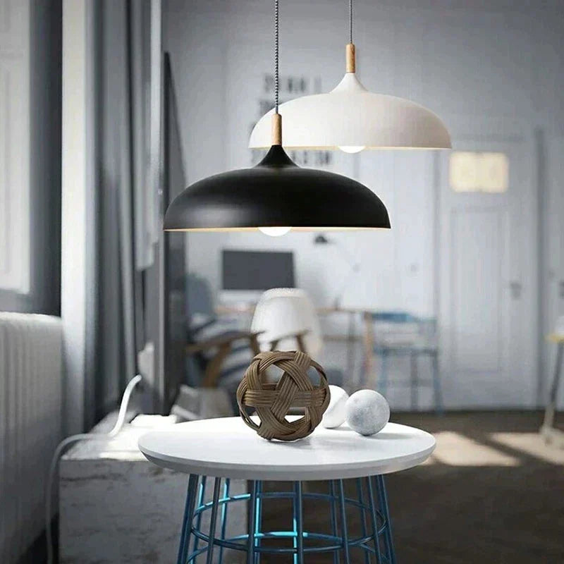 Nordic Oak Wood Light Ceiling Fixture with 35 cm Dome Shade | Energy-Saving LED Pendant for Living Room or Bedroom