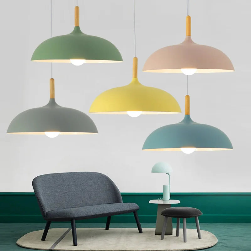 Nordic Oak Wood Light Ceiling Fixture with 35 cm Dome Shade | Energy-Saving LED Pendant for Living Room or Bedroom