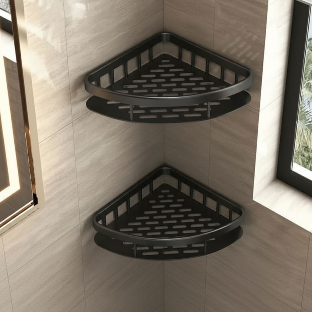 Adhesive No-Drill Bathroom Shelf | Black or Silver, 10 Style & Size Options | Wall-Mount Shower Storage Organizer