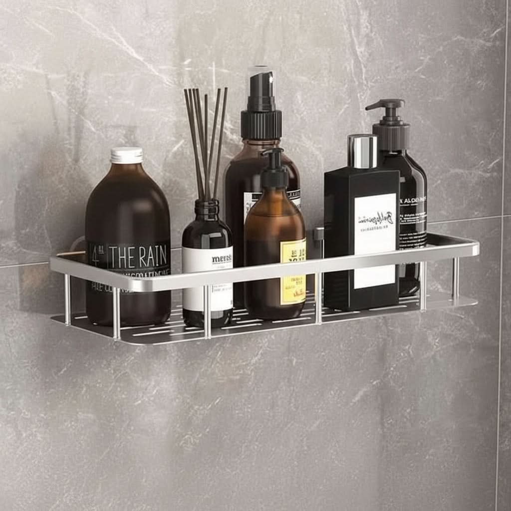 Adhesive No-Drill Bathroom Shelf | Black or Silver, 10 Style & Size Options | Wall-Mount Shower Storage Organizer
