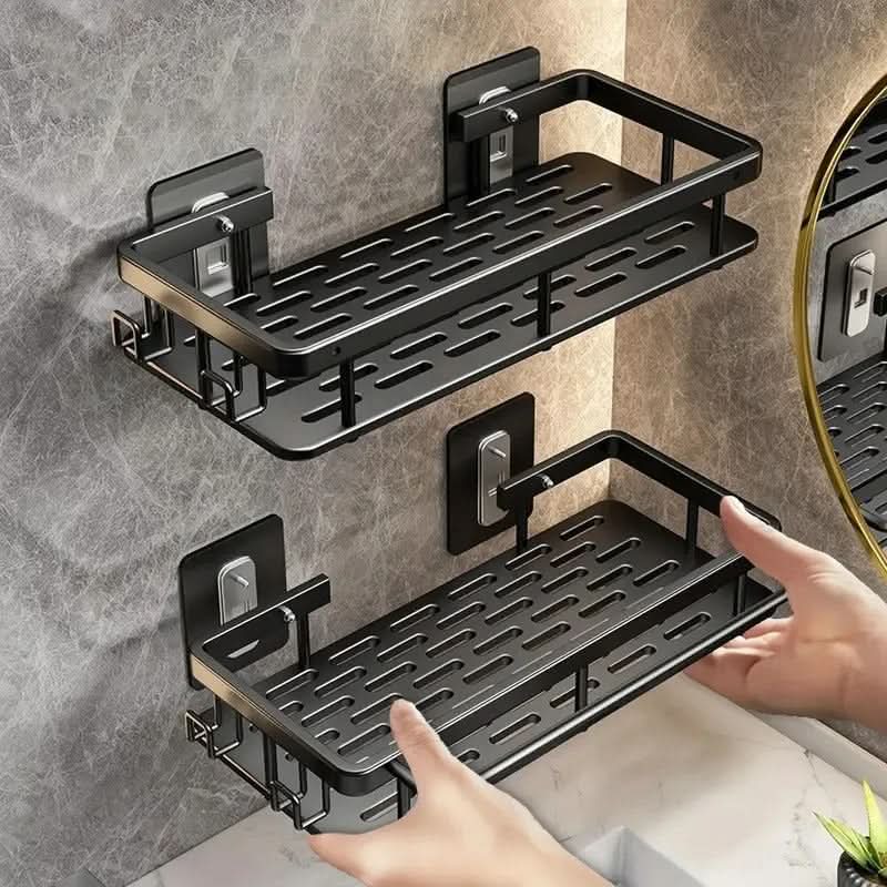 Adhesive No-Drill Bathroom Shelf | Black or Silver, 10 Style & Size Options | Wall-Mount Shower Storage Organizer