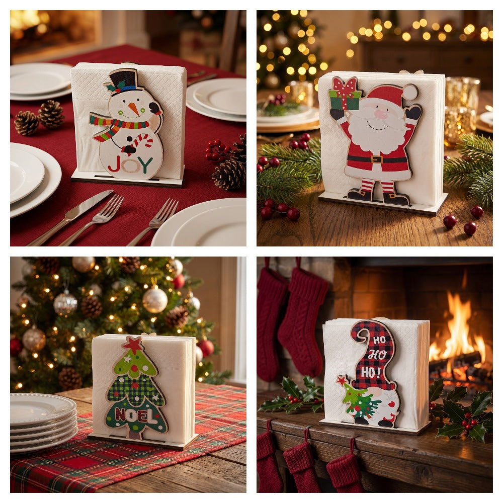 Wooden Christmas Napkin Holder with Gingerbread House Motif | Sturdy Standing Table Decorations | Four Festive Colorways