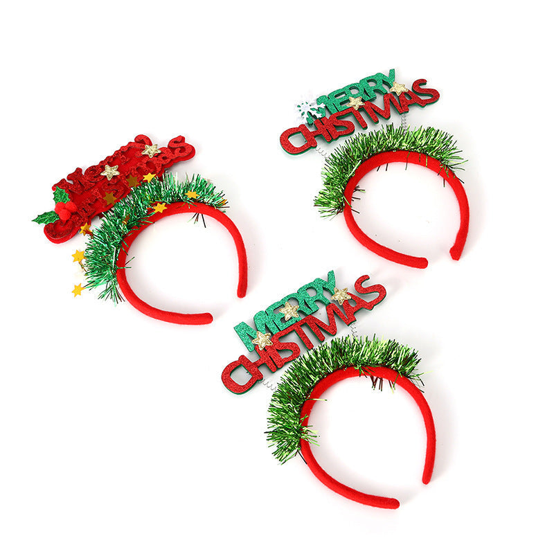 Christmas Headband with a Greeting Sign and Glitter Tinsel | Flexible Soft Band for a Snug Fit | Festive Party Accessories, 3 Designs