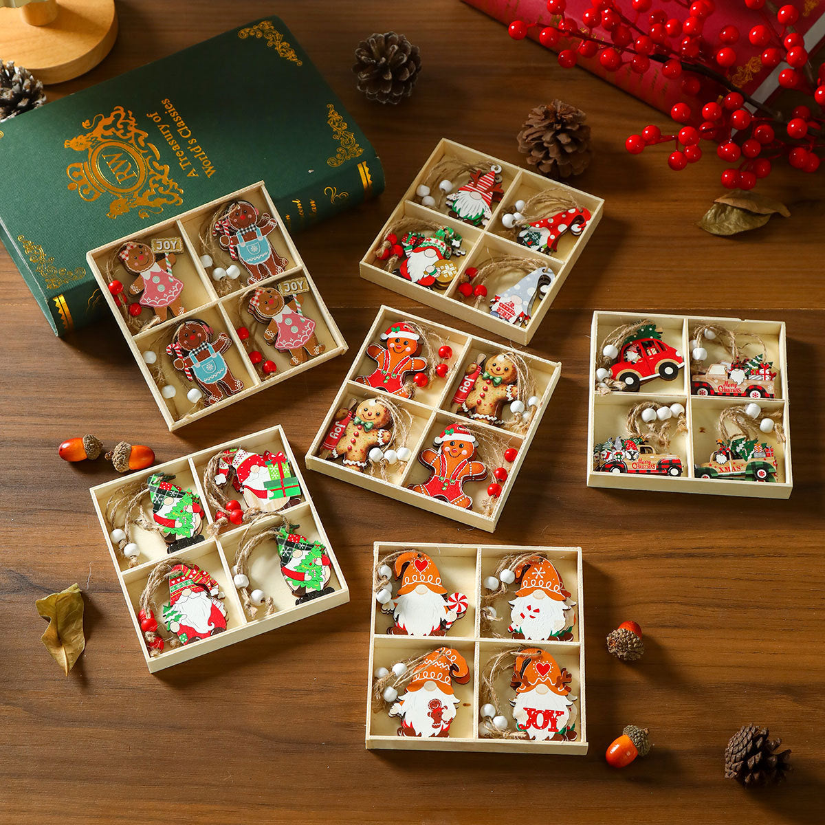 Gnome Christmas Ornaments Set with String Included | Hang on Trees, Wreaths or Gift Tags | Lightweight Wooden Decorations