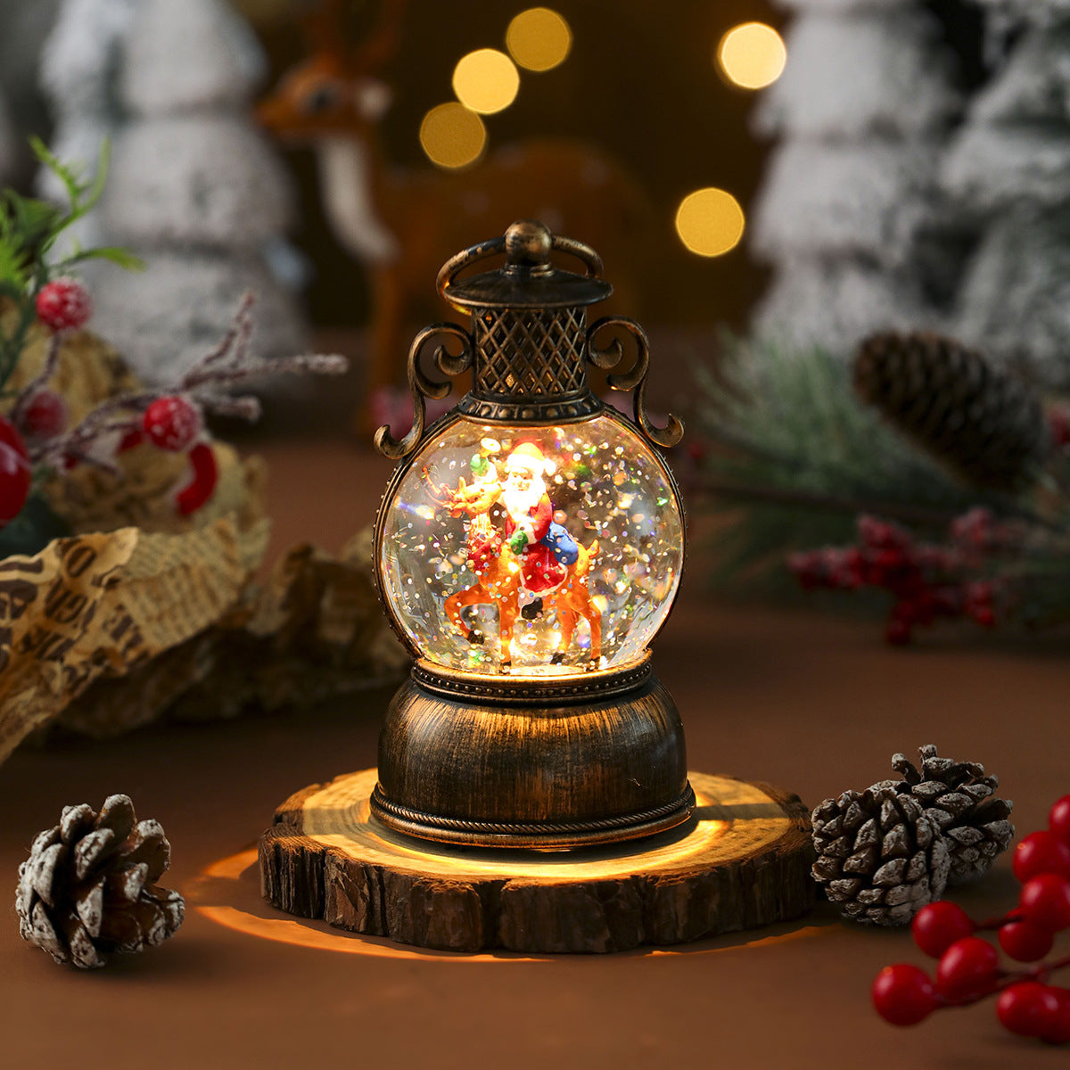 Globe Top Lantern with Santa's Reindeer Scene Inside | Energy Saving LED Glow | Christmas Tabletop and Mantel Decoration