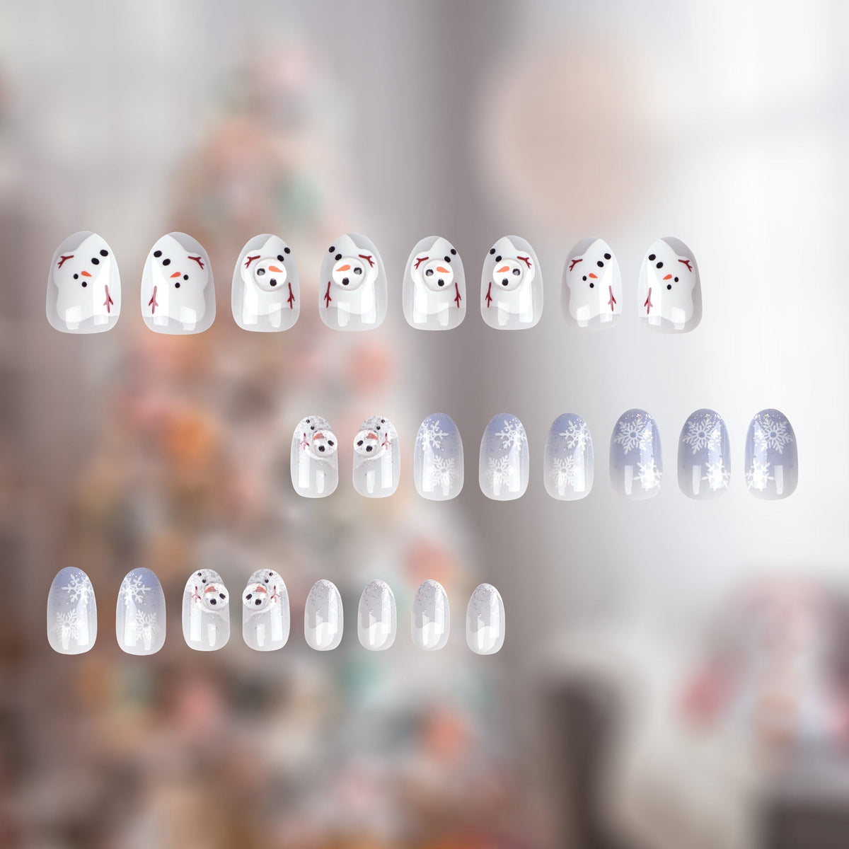 White Christmas Nails with Snowman and Snowflake Art | Frosted Grey Ombre Tips | Shaped To Fit, Easy To Remove