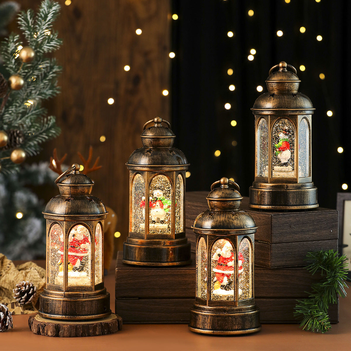 Snow Dusted Lantern with a Mini Christmas Tree and Gifts | Warm LED Lights, Battery Powered | Indoor or Outdoor Tabletop Decor