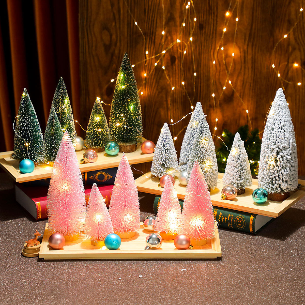 Mini Christmas Tree Set of Five with Warm White Lights | Natural Wood Base | Tabletop and Mantel Holiday Decorations