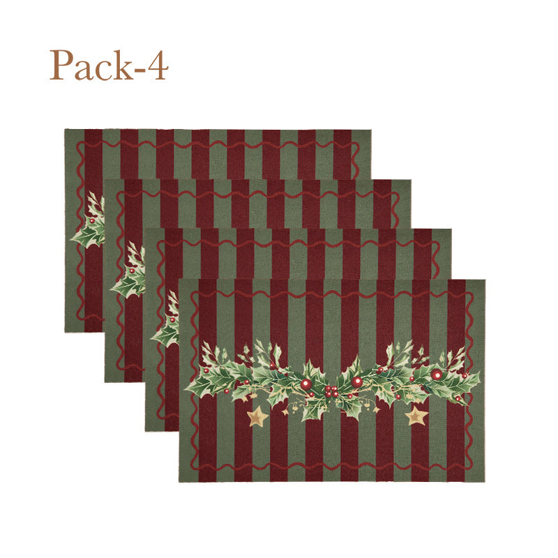 Christmas Placemat Set with Merry Lettering and Holly Accents | Red and Green Scalloped Table Mats | Flat Wipe Clean Decorations