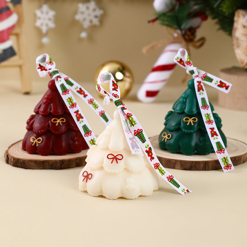 Scented Christmas Tree Candle with Ribbon Bow | Hand Poured Wax in a Kraft Gift Box | Seasonal Mantel Decor and Tabletop Accent
