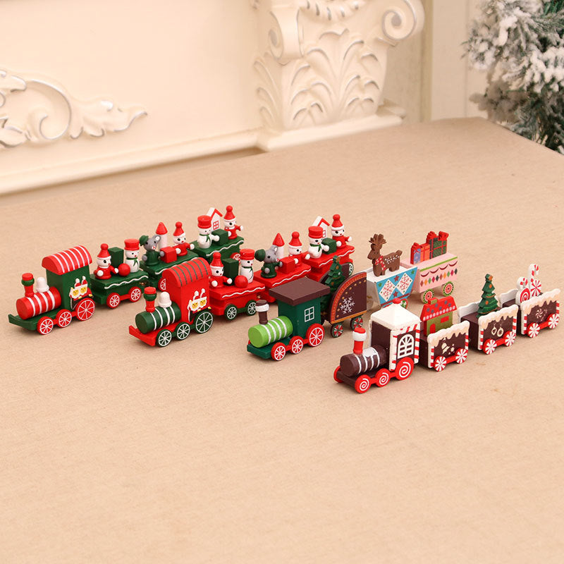 Wooden Train Christmas Ornaments with Candy Cane Detailing | Gift and Tree Motifs on Every Carriage | Four Designs for Table or Mantel