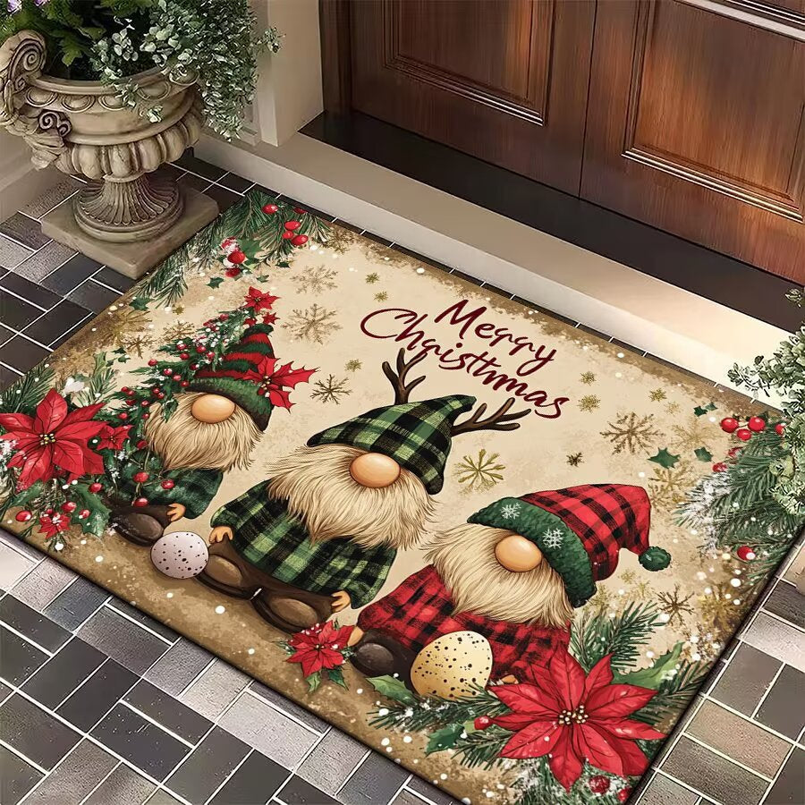 Christmas Door Mat with Santa, Reindeer and Ornaments | Festive Xmas Welcome Rug for the Porch | Holiday Entrance Decor