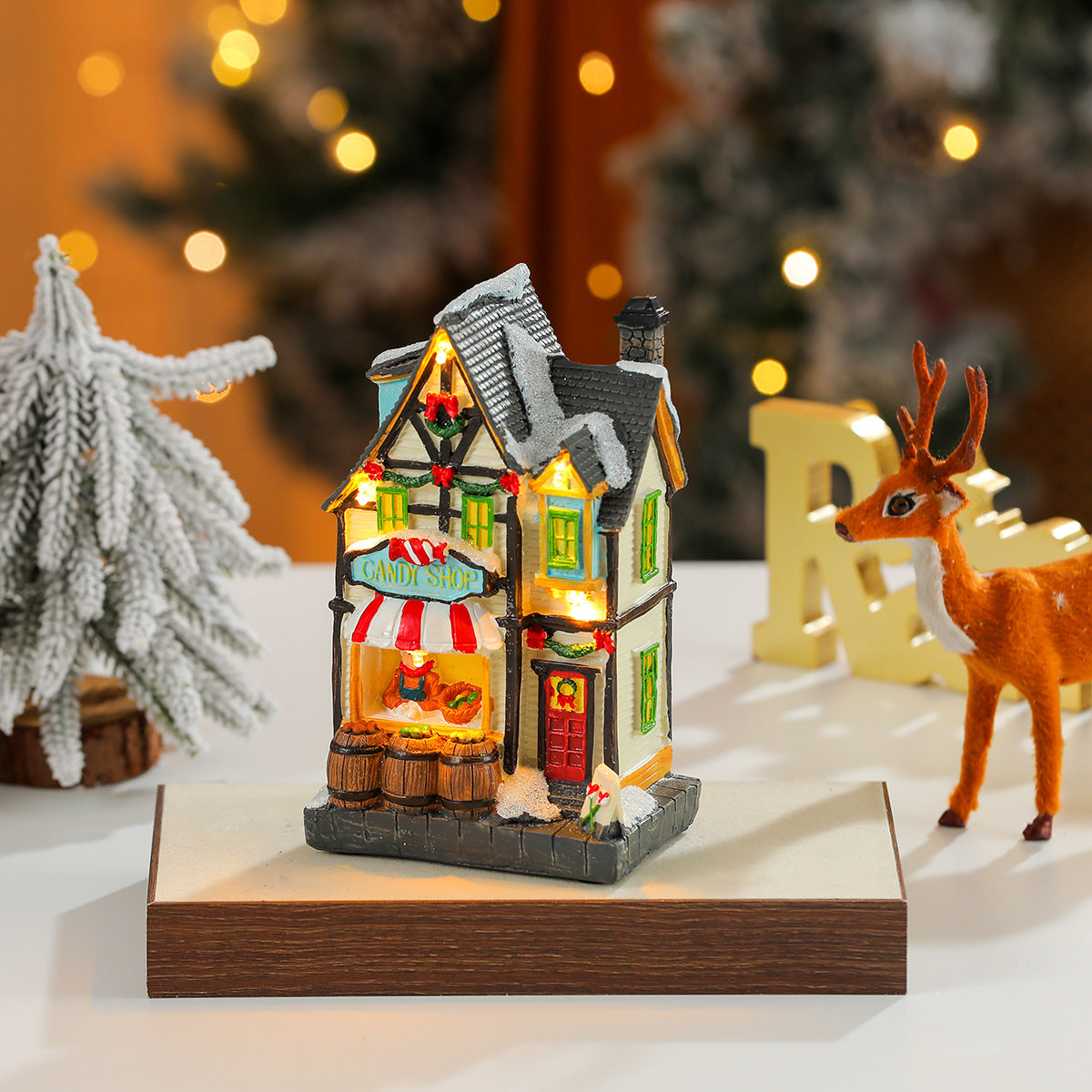 Christmas Village Houses with LED Lights | Hand Painted Resin Shop Scene | Battery Operated Winter Display