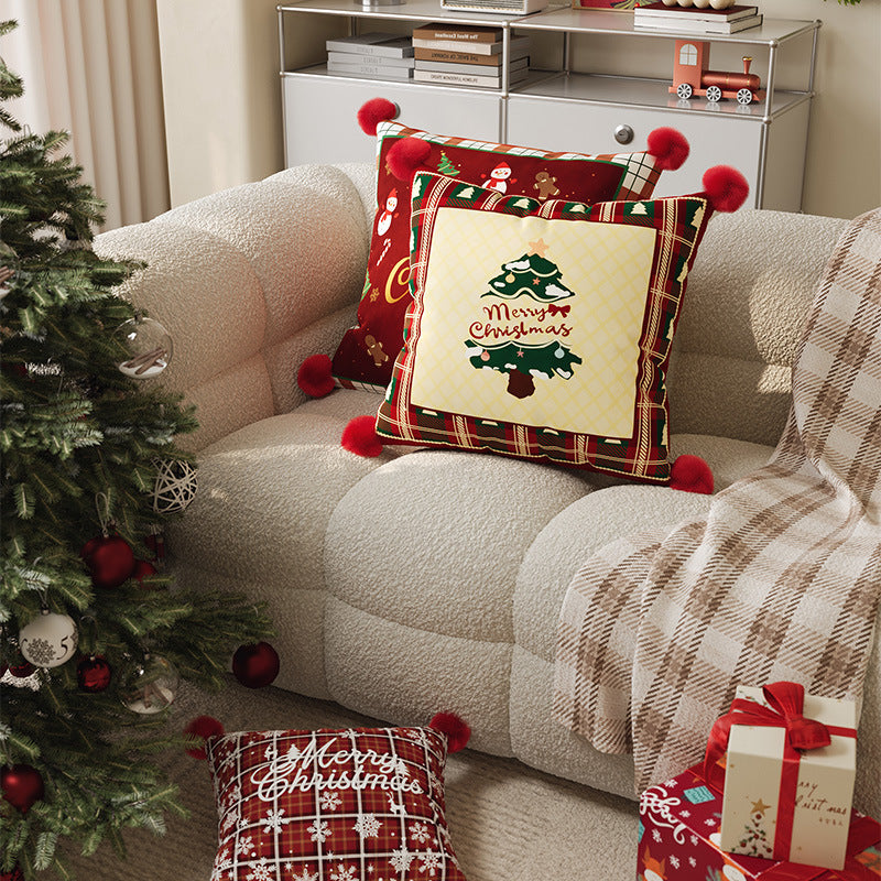 Plaid Throw Pillow Cover for Christmas Decorations with Pom-Pom Corners | Merry Lettering, Hidden Zipper | Five Designs, Three Sizes