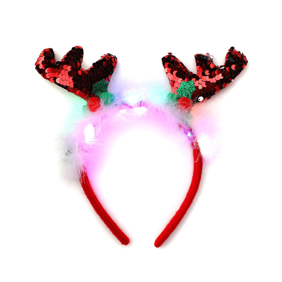 Light Up Reindeer Antler Headband with Glitter Foil Accents | Adjustable One Size Party Wear | Festive Christmas Photo Prop