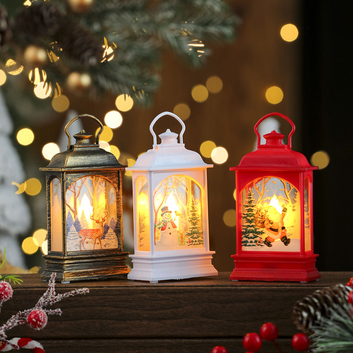 Illuminated Christmas Lanterns with Santa and a Snowy Backdrop | Warm Glow for Indoor or Outdoor Use | Compact Mantel Decor