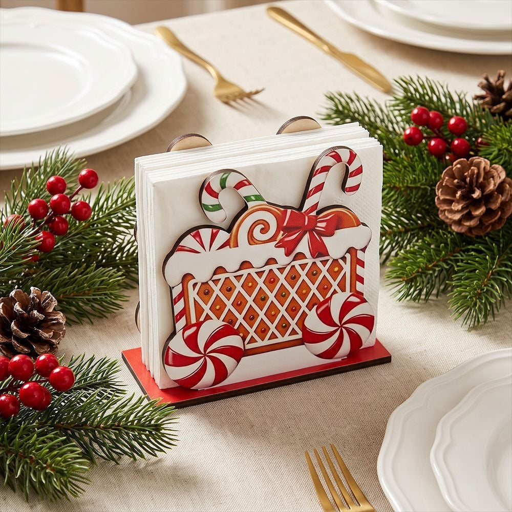 Wooden Christmas Napkin Holder with Gingerbread House Motif | Sturdy Standing Table Decorations | Four Festive Colorways