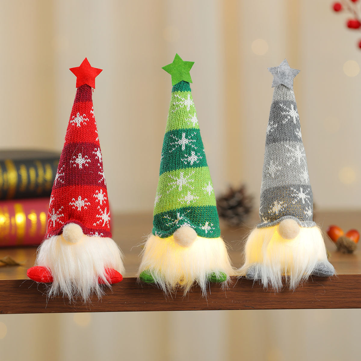Knitted Gnome Figurine with a Snowflake Hat and Star Top | Shelf and Table Christmas Decorations | Sturdy Yearly Build