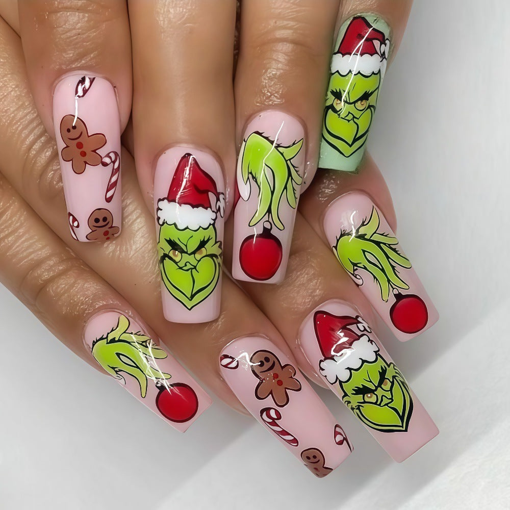 Gingerbread Nails with Santa Motifs | Glossy Christmas Press On Nail Tips | Festive Manicure for Holiday Parties