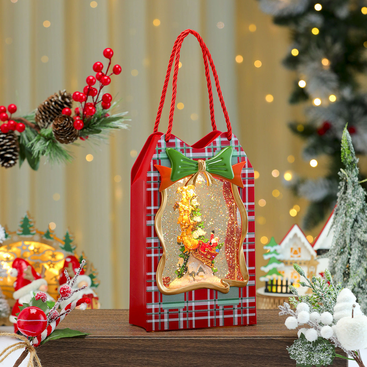 Christmas Gift Bag with a Santa Window Scene | Sturdy Paper with Twisted Handles and Glitter Trim | Doubles as Table Decorations