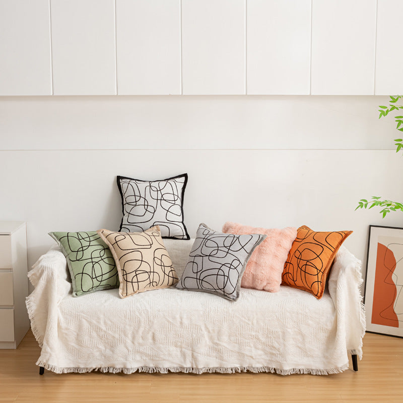 Abstract Line Embroidered Throw Pillow with Removable Cover | 18 x 18 in Accent Cushion for Sofa and Bed | 5 Colors