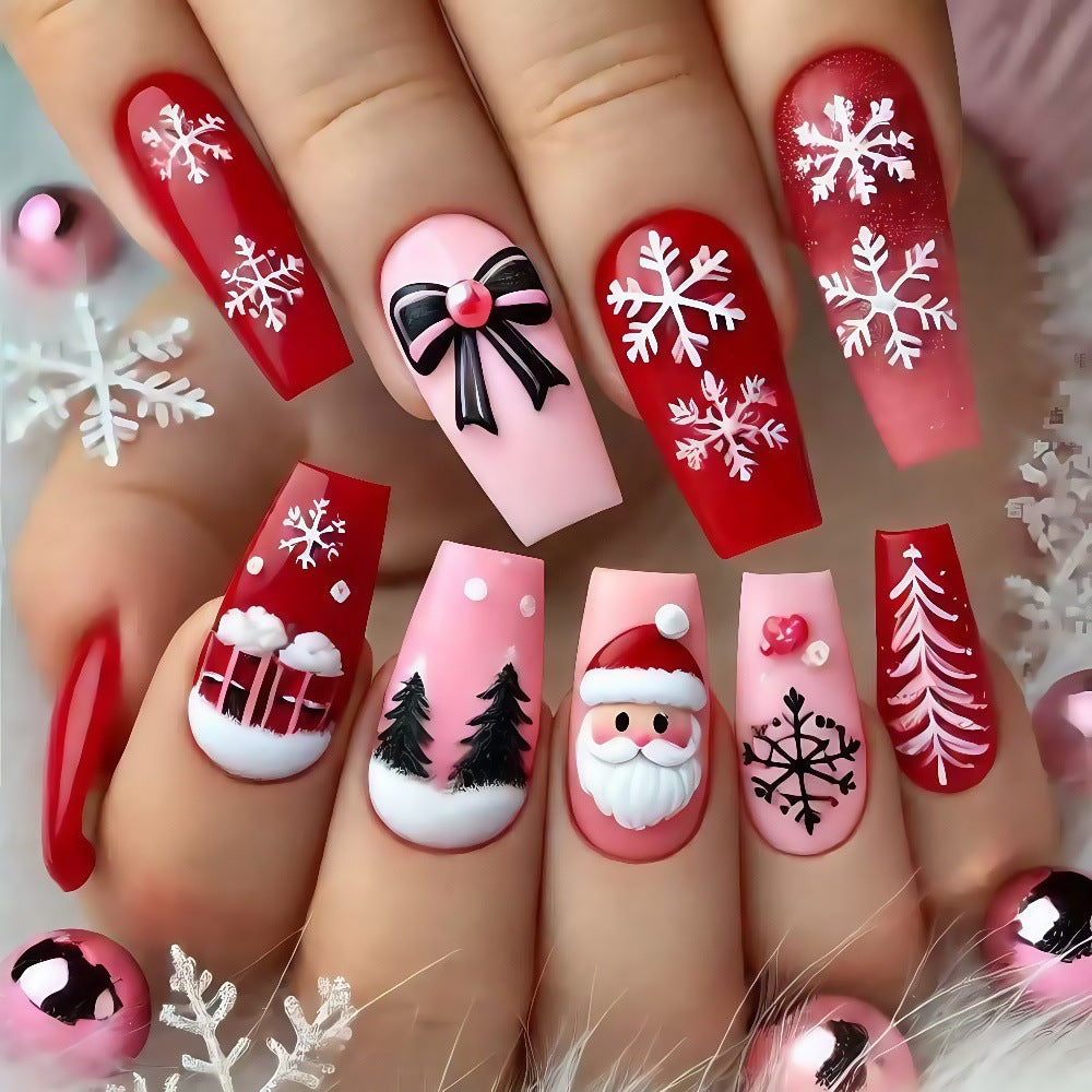 Press On Nails with Snowflake and Santa Designs | Glossy Christmas Nail Art Set | Adhesive Tabs Included for Easy Wear
