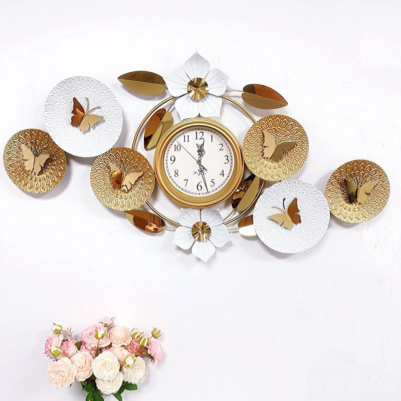 Butterfly Wall Clock with Gold-Tone Discs and Floral Accents | Silent Movement for a Living Room or Bedroom | 2 Finishes
