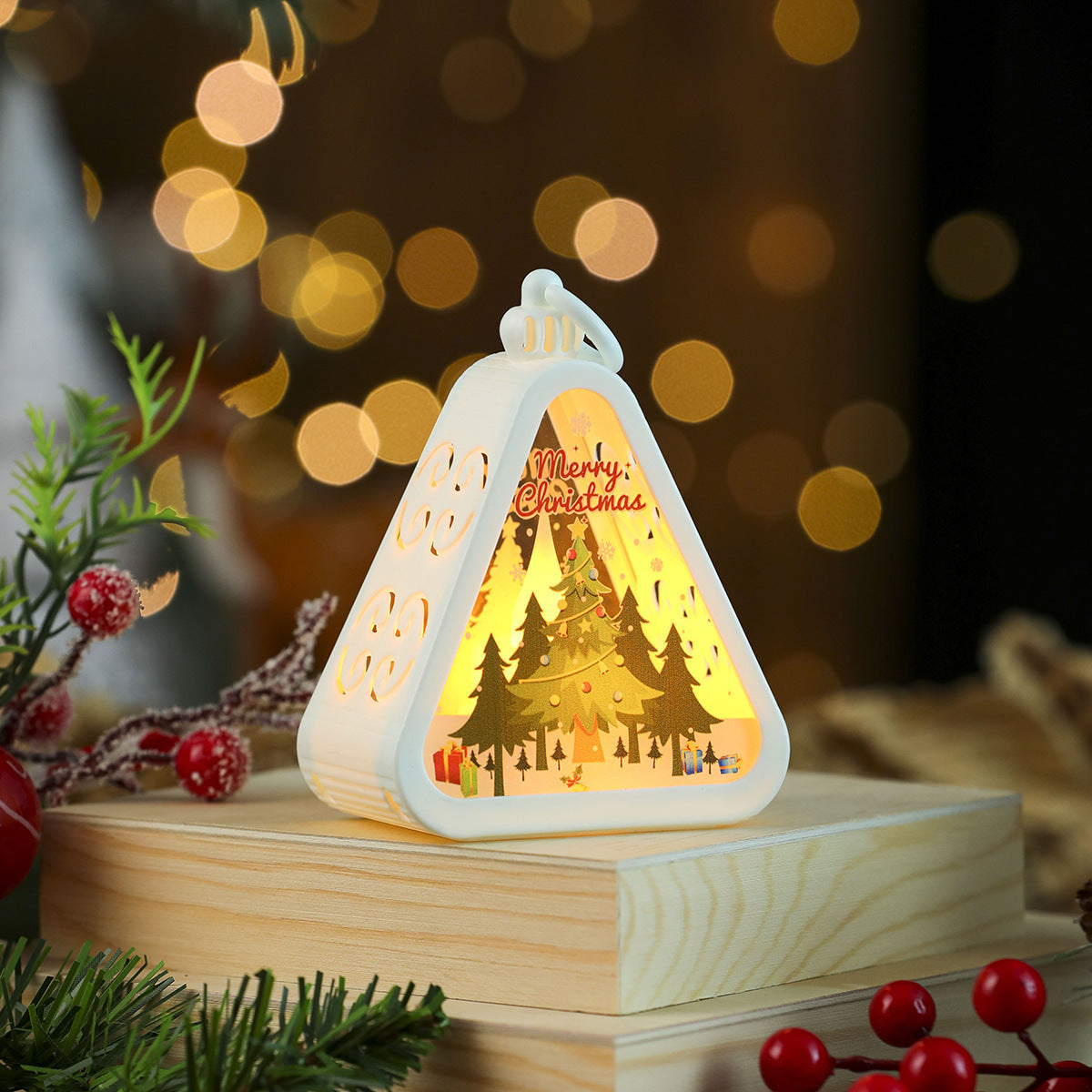 Tree Shaped Christmas Decorations with Santa and a Snowy Scene | Hanging Light Box with On Off Switch | Warm Glow for Indoor Use