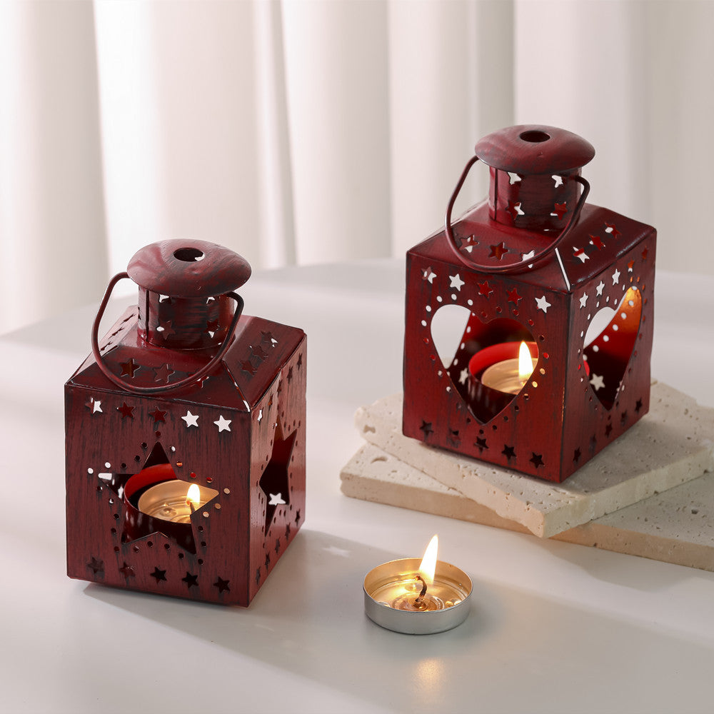 Square Tea Light Lantern with Christmas Tree Cutouts | Distressed Xmas Candle Holder for Mantel | Festive Star Design