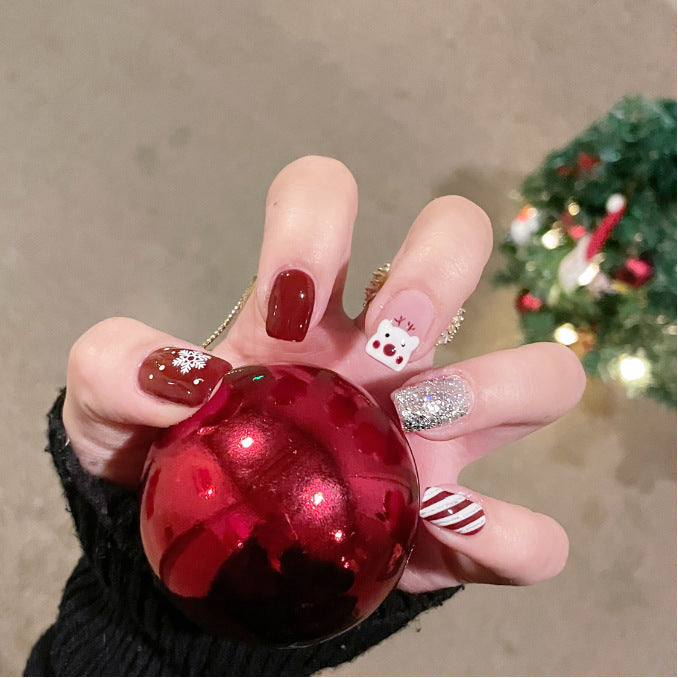 Snowman Christmas Nails with Glitter Tree Designs | Festive Press On Nail Art | Easy Home Manicure for Winter Parties