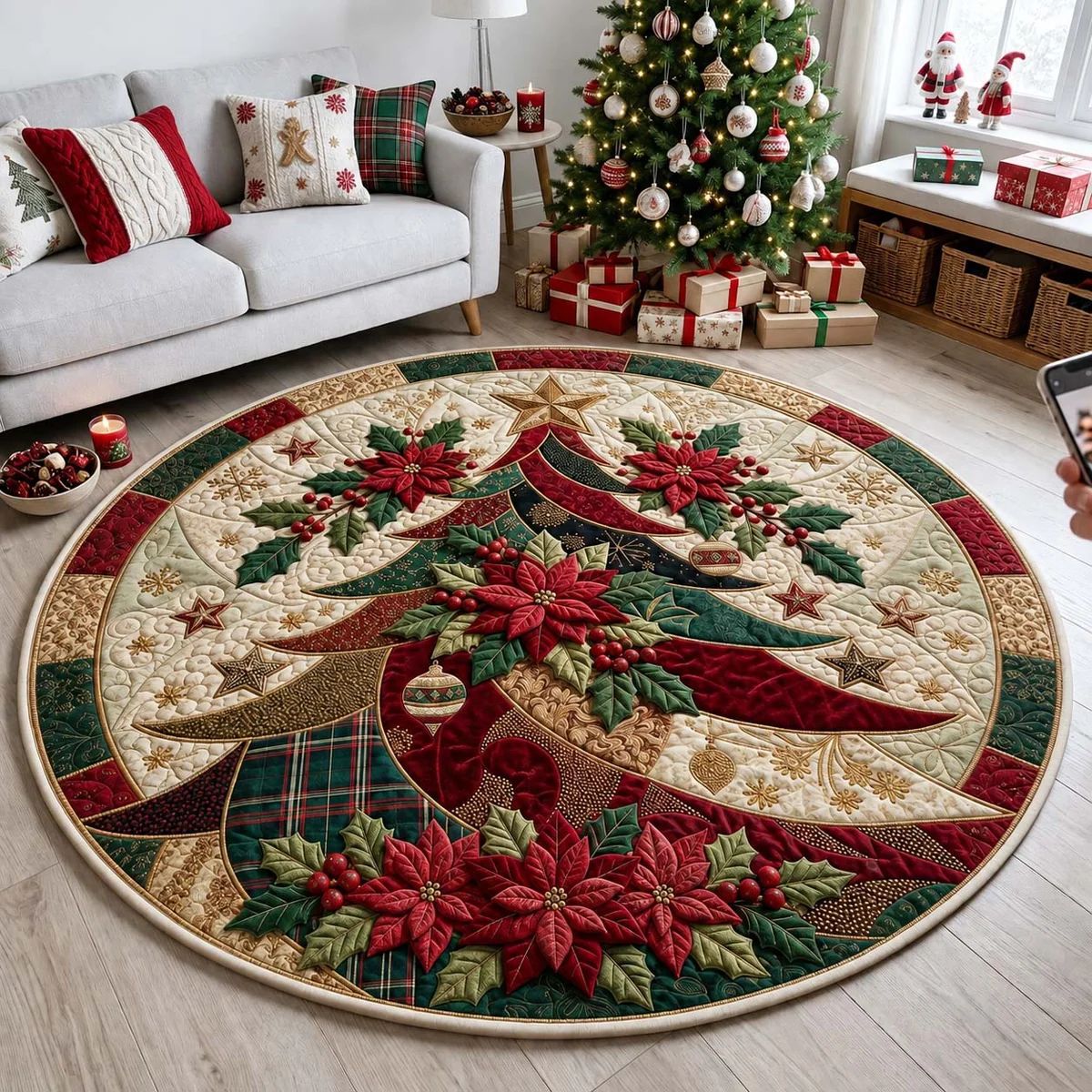 Round Christmas Rug with a Quilted Tree Motif | Soft Underfoot and Easy to Clean | 5 Sizes and 7 Designs