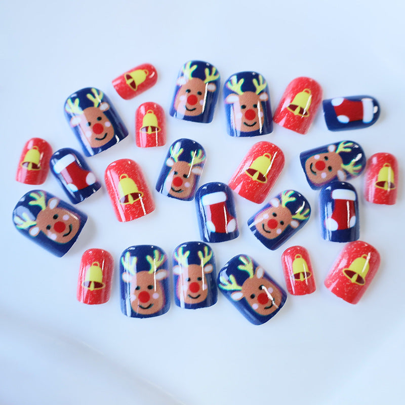 Reindeer Nails in Red and Blue | Christmas Press On Set with Bell Motifs | Short Square Tips, Easy To Apply