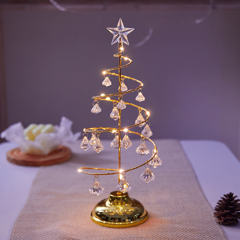 Spiral Mini LED Christmas Tree Lights with Clear Crystal Drops | Star Topper in Gold or Silver | Warm Tabletop Holiday Decor