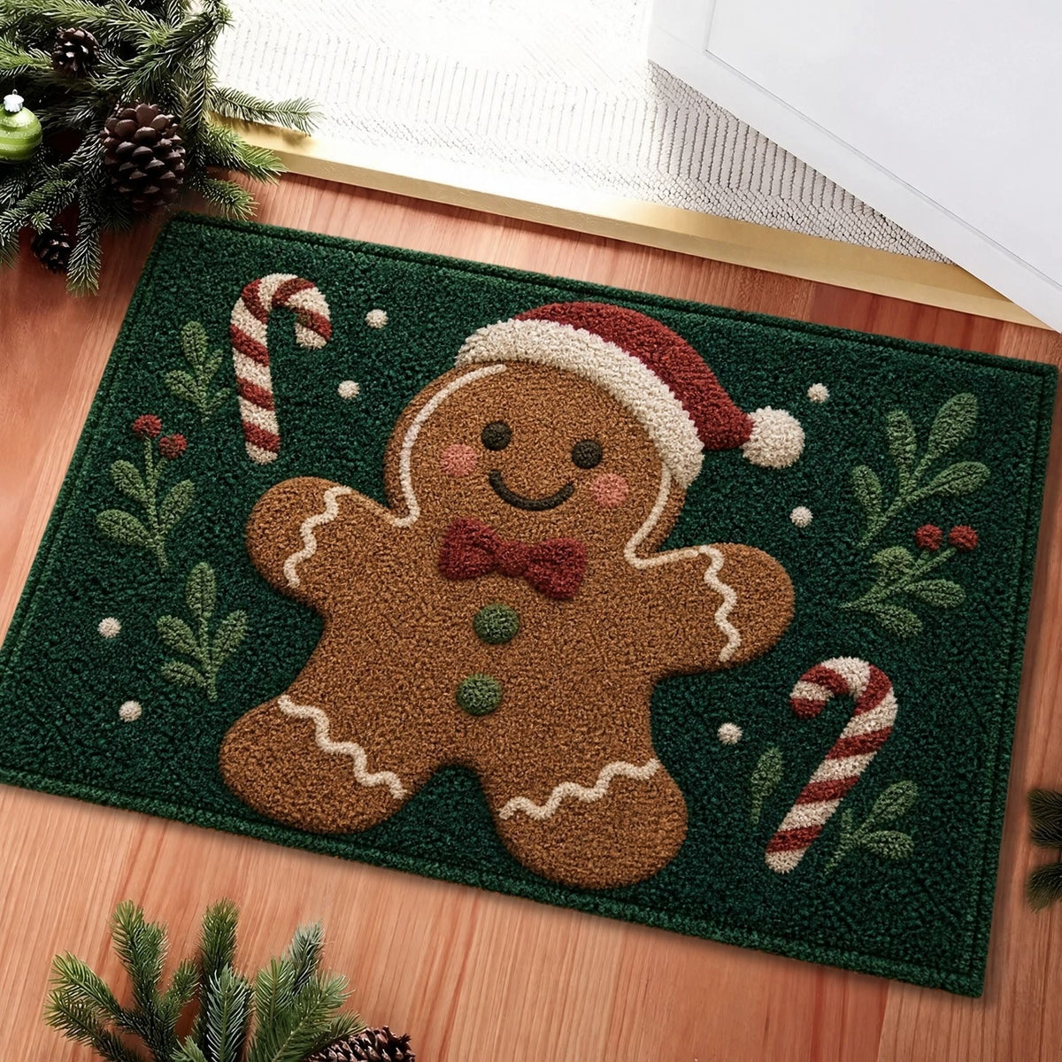 Christmas Door Mat with Santa, Reindeer and Gingerbread Prints | Non-Slip Backing, Weather Resistant Fibers | 4 Sizes