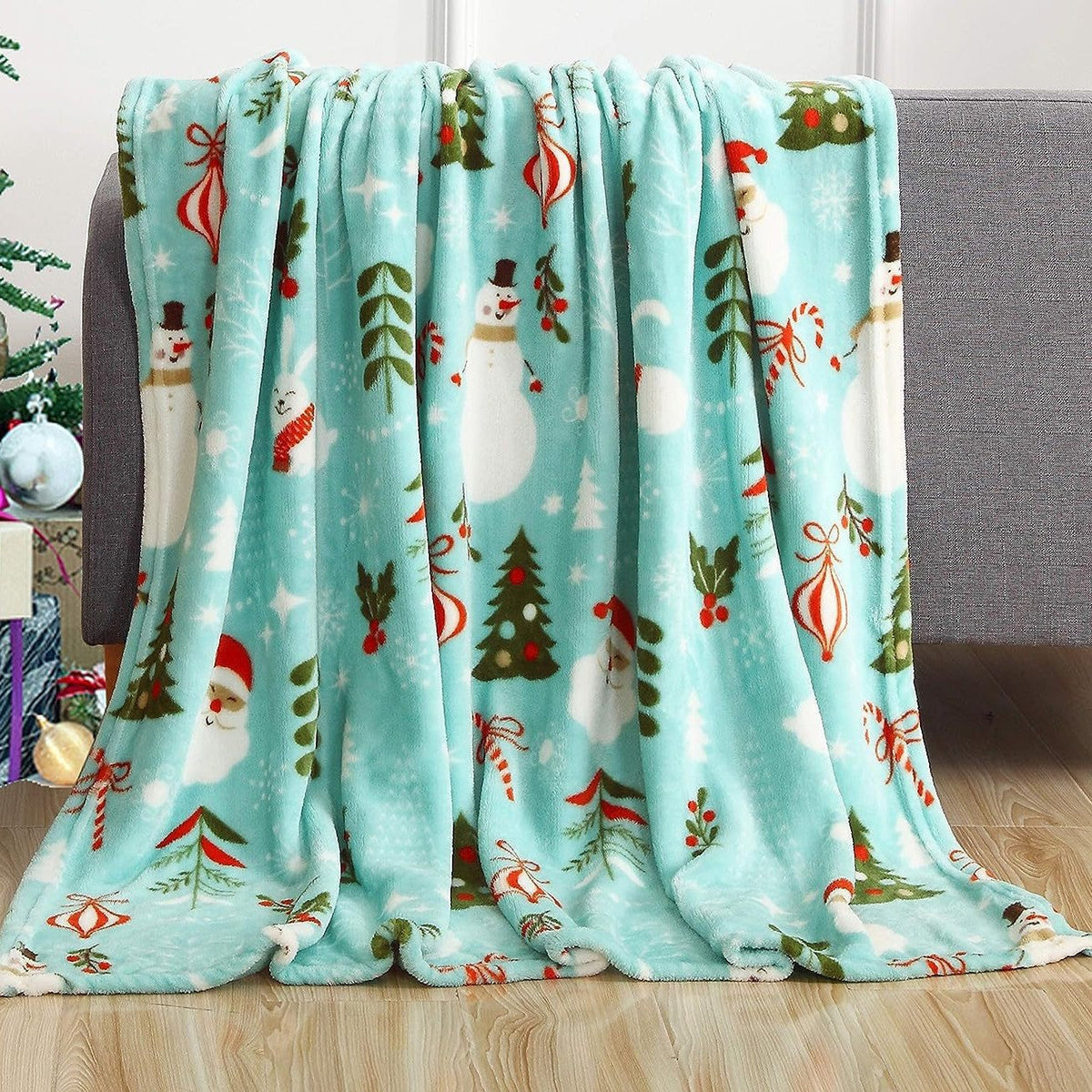 Santa and Snowman Plush Fleece Blanket in Blue | Soft Christmas Throw for Family Movie Nights | Two Sizes Available