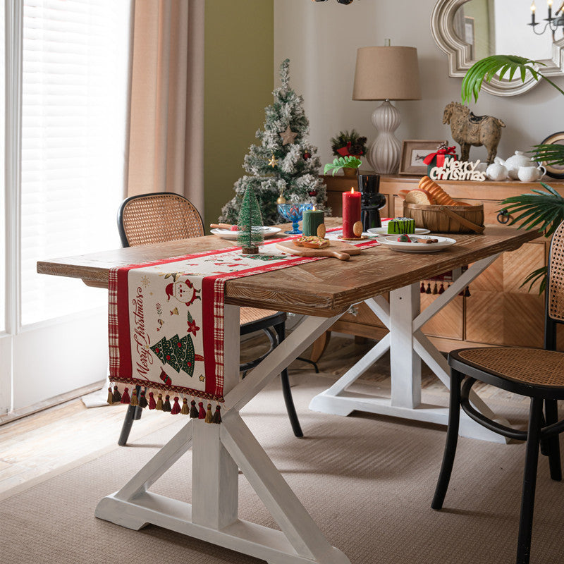 Christmas Table Runner with Santa, Trees and Ornaments | Durable Red Fabric for Festive Dining | Easy Wipe Clean Care