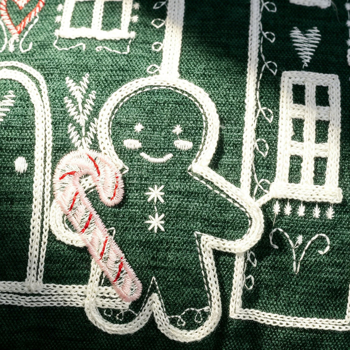 Christmas Bedroom Pillow Cover with Embroidered Gingerbread Houses | Soft Velvet Style Fabric, Hidden Zipper | Six Designs, Two Sizes