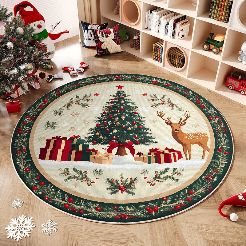 Christmas Tree Round Rug with Gifts and Snowflakes | Machine Washable Festive Floor Mat | Several Seasonal Sizes
