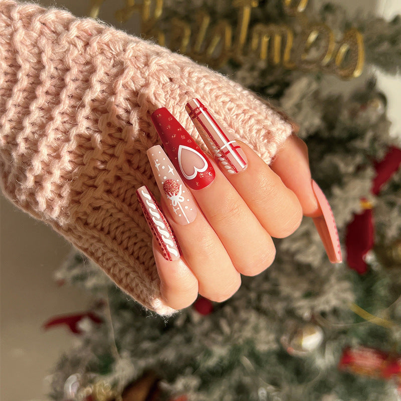 Christmas Press-On Nails with Heart and Holiday Motifs | Pink, Red and White Mix | Lightweight Tips for All-Day Comfort