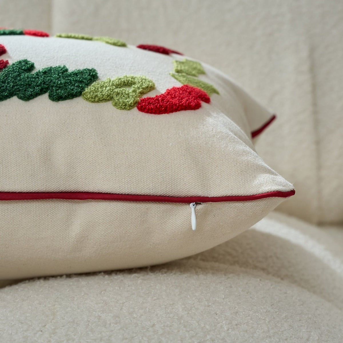 Tufted Chenille Merry Christmas Lumbar Pillow | Piped Edge on a Woven Cover | Red and Green Festive Decorations