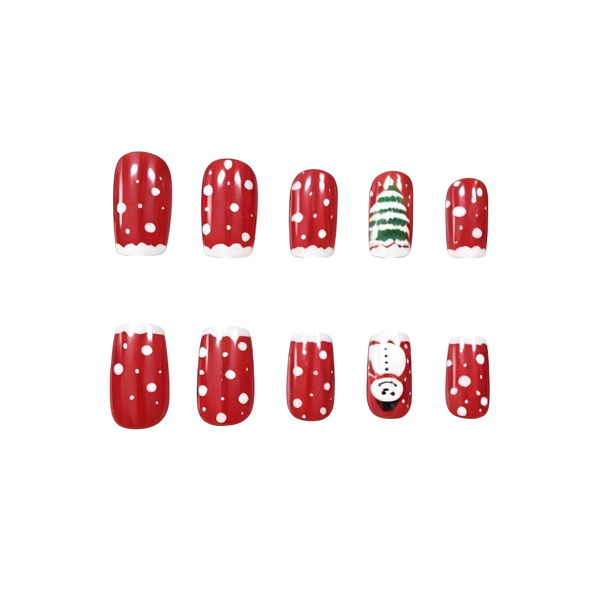 Christmas Tree Nails in Red with Polka Dot Art | Short Square Acrylic Tips | Snowman Accent, Comfortable Fit