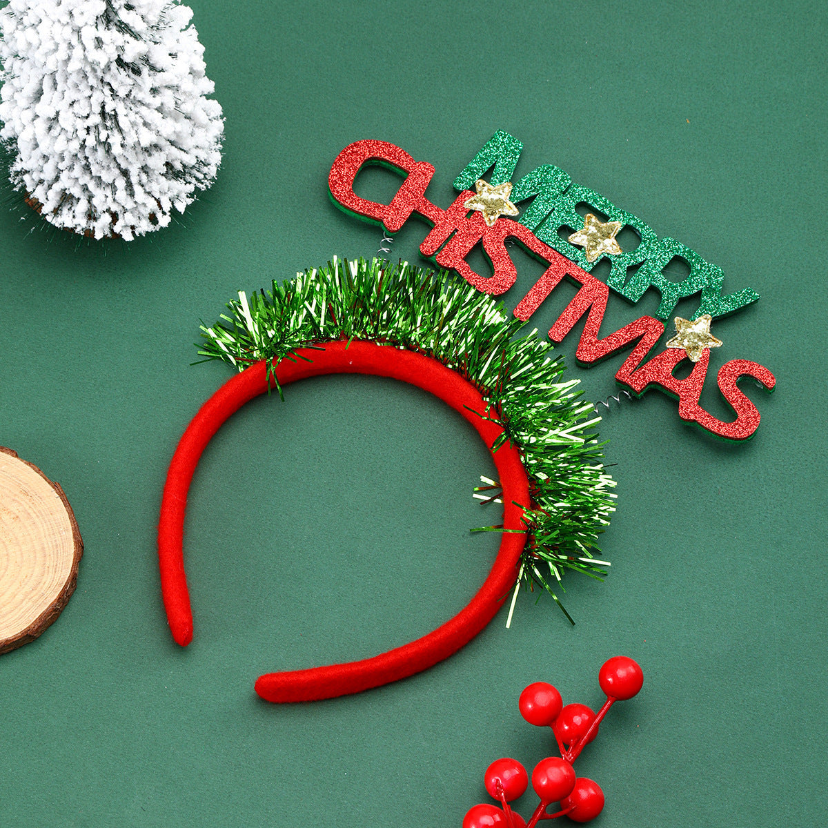 Christmas Headband with a Greeting Sign and Glitter Tinsel | Flexible Soft Band for a Snug Fit | Festive Party Accessories, 3 Designs